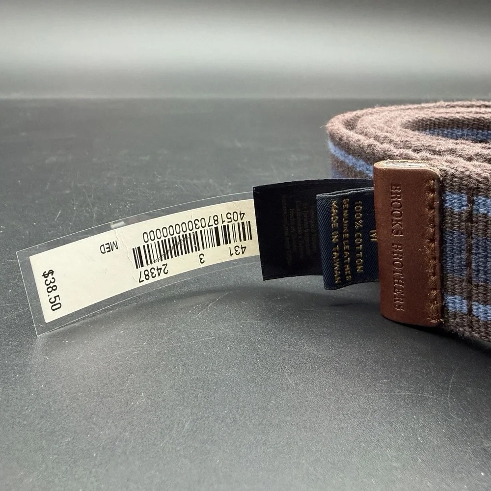 Brooks Brothers 346 Men's Medium Striped Woven D-Ring Belt Brown Blue NWT